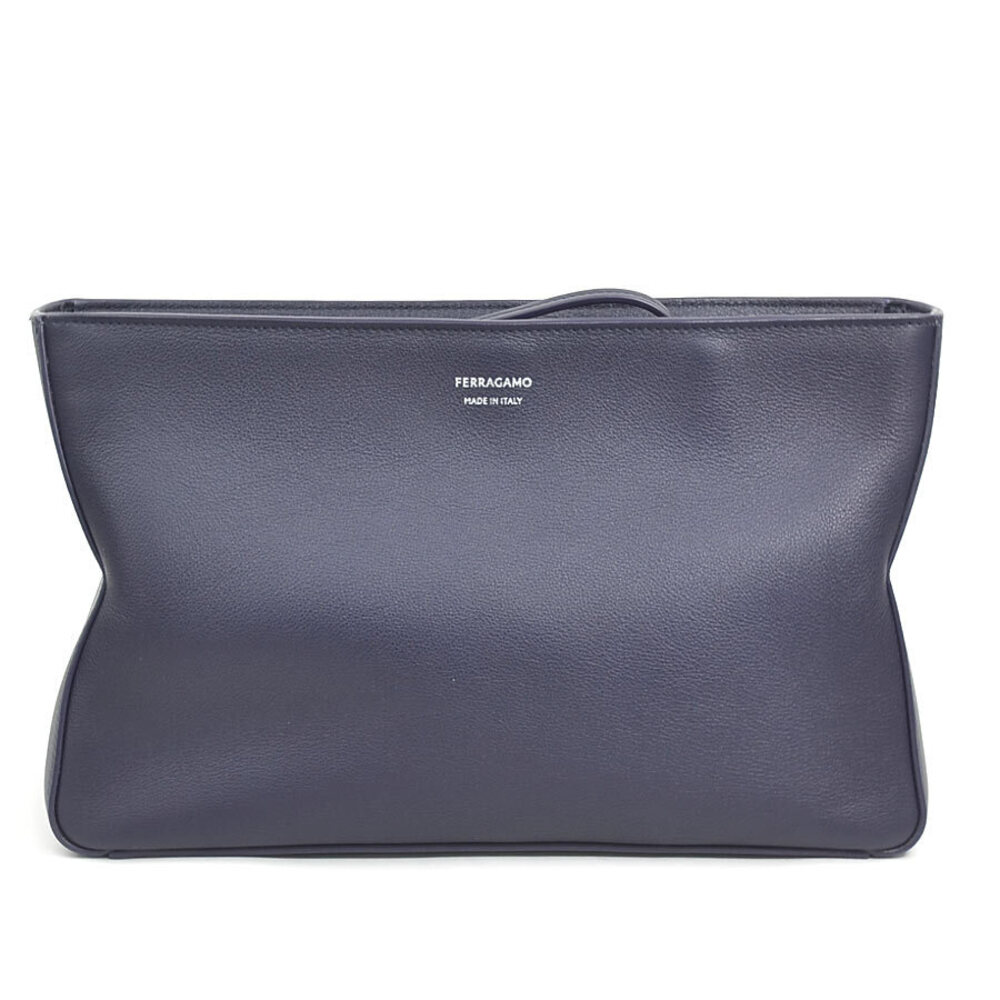 Salvatore Ferragamo Clutch Bag Shoulder Leather Navy Blue